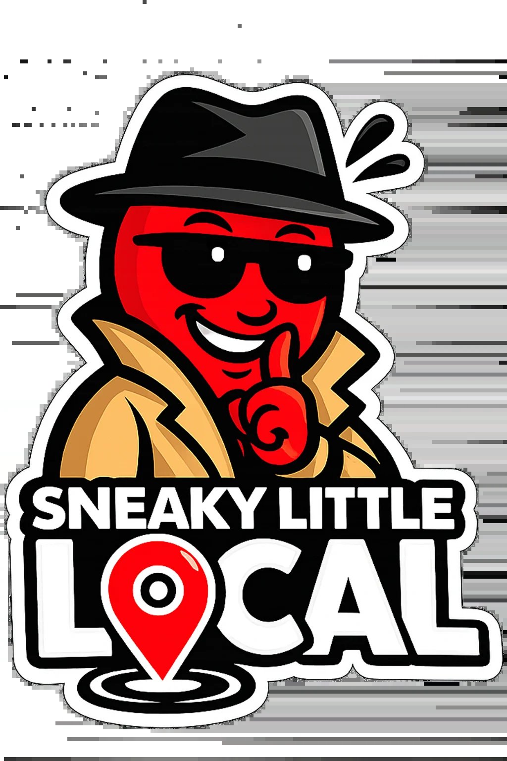 Sneaky Little Local logo featuring a red cartoon character with sunglasses and fedora wearing a tan jacket, with a location pin
